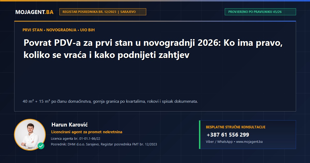 Povrat PDV-a za prvi stan u novogradnji 2026: Ko ima pravo, koliko se vraća i kako podnijeti zahtjev